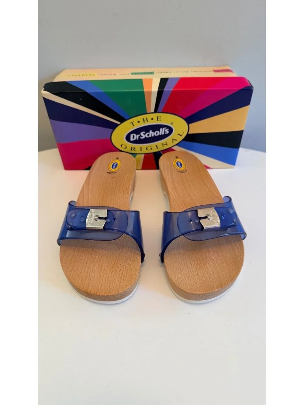 Dr Scholls Women Size 8 M Wood Exercise Clog Sandal Blue Vinyl Slide Shoe New